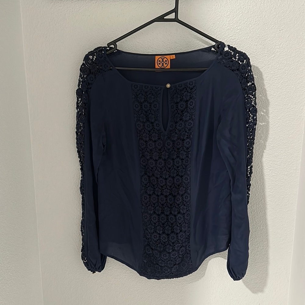 Tory Burch navy blue blouse, Size 4, great condition